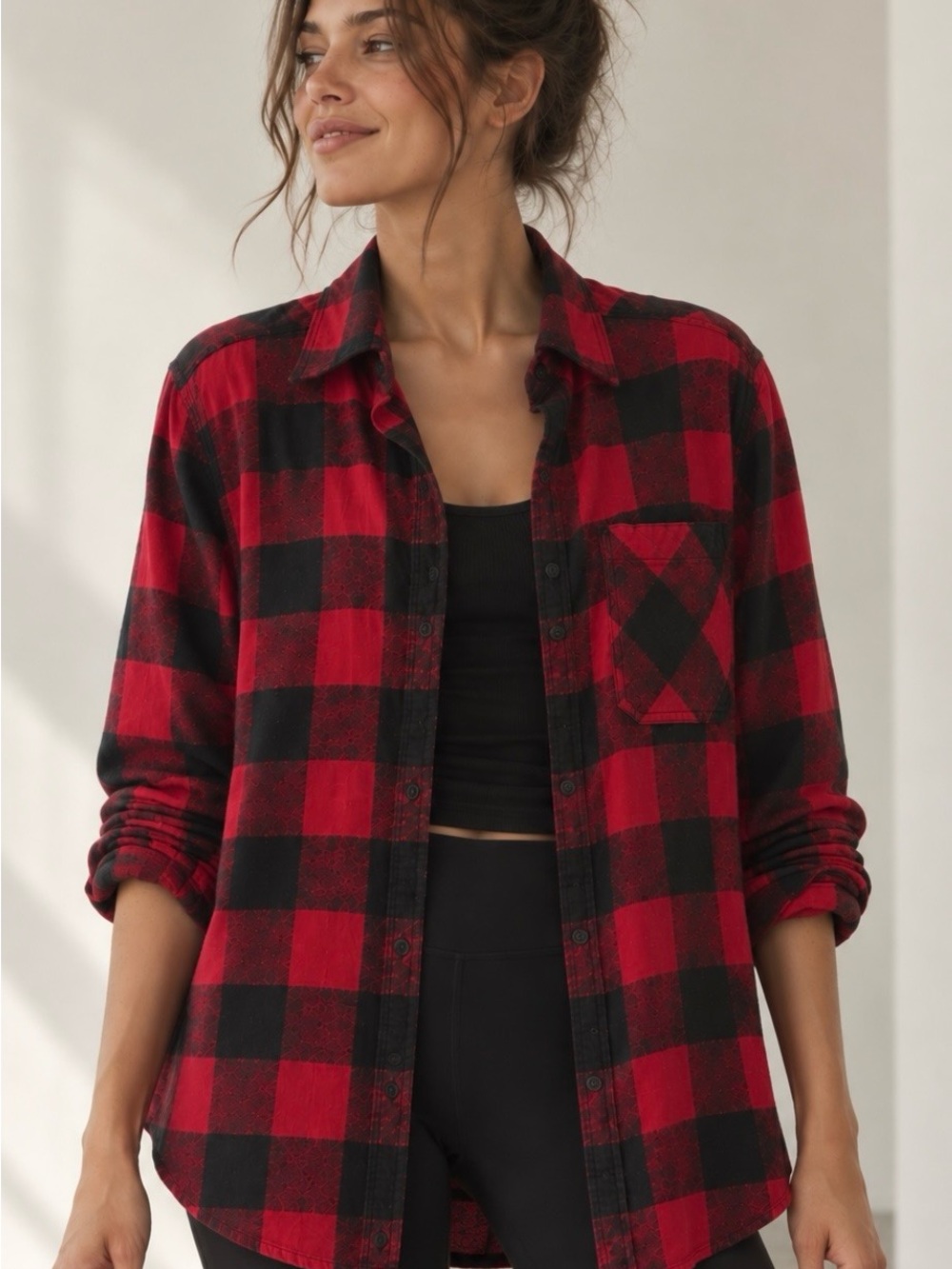 tna aritzia red black buffalo plaid flannel button down shirt s